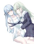 2girls absurdres aqua_ribbon bang_dream! bang_dream!_it&#039;s_mygo!!!!! bdsm blue_dress blue_hair bondage bound breasts chinese_commentary choker cleavage closed_mouth commentary_request dress dutch_angle frilled_choker frills green_hair hair_ornament hair_ribbon hairclip highres long_hair long_sleeves multiple_girls neck_ribbon parted_lips ribbon sidelocks simple_background strapless strapless_dress togawa_sakiko two_side_up wakaba_mutsumi white_background white_dress yellow_eyes yingdaoyicha yuri 