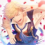  1boy belt blonde_hair granblue_fantasy green_eyes jewelry kuren looking_at_viewer male_focus muscular muscular_male one_eye_closed open_clothes open_mouth pants pectorals petals ribbon ring rose_petals shiny shiny_hair shirt short_hair smile solo upper_body vane_(granblue_fantasy) vest white_shirt 