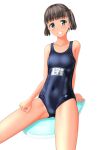 1girl absurdres black_hair blue_swimsuit breasts collarbone cowboy_shot green_eyes grin highres kickboard looking_at_viewer name_tag navel new_school_swimsuit original school_swimsuit short_hair simple_background small_breasts smile solo swimsuit takafumi tan twintails white_background 