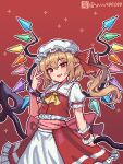  1girl absurdres blonde_hair bracelet fang flandre_scarlet hat highres holding holding_staff jewelry looking_at_viewer mob_cap pixel_art pointy_ears red_background red_eyes red_shirt red_skirt ribbon shirt skin_fang skirt solo staff touhou twitter_username twitter_x_logo v white_headwear white_shirt yellow_ribbon yum4802888 