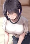  1girl black_hair black_pants blurry blurry_background blush breasts brown_hair closed_mouth collarbone commentary_request gym_shirt gym_uniform hair_between_eyes huyumitsu jimiko large_breasts original pants shirt short_hair short_sleeves sitting solo upper_body white_shirt 