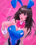  1girl adapted_costume animal_ears artist_name blue_leotard bow breasts brown_eyes brown_hair cleavage d.va_(overwatch) detached_collar facepaint fake_animal_ears hand_on_own_chest head_tilt heart heart-shaped_pupils highres leotard long_hair looking_to_the_side medium_breasts noush overwatch overwatch_2 pink_background pink_bow playboy_bunny rabbit_ears red_lips smile solo sparkle symbol-shaped_pupils wrist_cuffs 