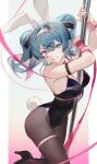  1girl :d animal_ears arm_belt bare_shoulders black_footwear black_leotard black_pantyhose blue_eyes blue_hair breast_press breasts commentary detached_collar fake_animal_ears fake_tail floating_hair foot_out_of_frame grin hair_between_eyes hair_intakes hair_ornament hatsune_miku high_heels highleg highleg_leotard highres large_breasts leotard looking_at_viewer multicolored_hair o0oherb open_mouth outside_border pantyhose pillarboxed pink_hair pink_pupils pink_ribbon playboy_bunny pole rabbit_ears rabbit_hole_(vocaloid) rabbit_tail ribbon short_twintails skindentation smile solo stripper_pole symbol-only_commentary tail teardrop_facial_mark teeth thigh_strap twintails two-tone_hair vocaloid wrist_ribbon x_hair_ornament 