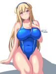  1girl blonde_hair blue_hairband blue_swimsuit breasts competition_swimsuit cowboy_shot dated double_bun fletcher_(kancolle) hairband highleg highleg_swimsuit highres kantai_collection large_breasts long_hair looking_at_viewer montemasa one-hour_drawing_challenge one-piece_swimsuit purple_eyes simple_background sitting solo swimsuit twitter_username white_background 