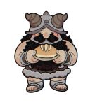  1boy ^_^ beard blush bread brown_hair closed_eyes deformed dungeon_meshi dwarf facial_hair facing_viewer fake_horns food happy helmet highres horned_helmet horns long_beard male_focus senshi_(dungeon_meshi) solo speltfields standing straight-on thick_mustache very_long_beard white_background 