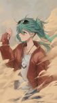  1girl absurdres ahoge aqua_eyes aqua_hair bomber_jacket brown_jacket commentary earrings eyewear_on_head hand_in_pocket hatsune_miku highres huge_filesize jacket jewelry looking_away open_clothes open_jacket rsef sandstorm shirt solo suna_no_wakusei_(vocaloid) sunglasses twintails vocaloid white_shirt 