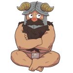  1boy artist_request averting_eyes bara beard blush brown_hair bulge_peek crossed_arms dungeon_meshi dwarf facial_hair fake_horns full_body fundoshi helmet horned_helmet horns japanese_clothes long_beard male_focus senshi_(dungeon_meshi) shy sitting solo textless_version thick_mustache topless_male very_long_beard white_background 