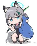  1girl animal_ear_fluff animal_ears blue_archive blue_eyes chibi fishing_line fishing_rod full_body grey_footwear grey_hair hair_between_eyes halo holding holding_fishing_rod inflatable_toy inflatable_whale nyaru_(nyaru_4126) ponytail sandals shadow shiroko_(blue_archive) shiroko_(swimsuit)_(blue_archive) sidelocks simple_background sitting solo white_background 