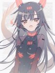  1girl android bodysuit dragon_girl grey_bodysuit grey_hair highres horns long_hair orange_eyes orange_horns original skin_tight solo yoineya 