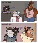 2koma :i anthro bandanna black_nose blue_bandanna blue_bottomwear blue_clothing blue_kerchief blue_neckerchief blue_pants blush blush_lines bottomwear brown_body brown_fur brown_hair calling_dibs canid canine canis cape_escape clothing comic cowboy_hat deadlaws denim denim_bottomwear denim_clothing dewlap_(anatomy) facial_markings fur gnollplaying_games goose_(cape_escape) grey_body grey_clothing grey_fur grey_shirt grey_topwear grin group hair hat hat_feather head_markings headgear headwear heart_eyes heart_symbol hi_res hoodie hyena jacket javier_(cape_escape) jeans kerchief lagomorph leporid loose_feather male mammal markings marrow_(sebastiansb) murid murine muzzle_(marking) neckerchief nicodemus_proctor_(deadlaws) open_mouth open_smile pants pink_clothing pink_hoodie pink_inner_ear pink_nose pink_shirt pink_tank_top pink_topwear purple_clothing purple_jacket purple_topwear rabbit rat rodent rolled_up_sleeves seductive shirt simple_background smile snout snout_markings tan_body tan_clothing tan_fur tan_shirt tan_topwear tank_top thisfuckingdork_(artist) topwear underbite white_body white_clothing white_fur white_jacket white_topwear wolf wolfram_knotwood_(deadlaws)