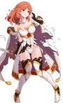  1girl armor ass_visible_through_thighs bare_shoulders blush breastplate breasts cape celica_(fire_emblem) cleavage commentary_request dress earrings fingerless_gloves fire_emblem fire_emblem_echoes:_shadows_of_valentia gloves hairband holding holding_sword holding_weapon jewelry large_breasts long_hair looking_at_viewer off-shoulder_dress off_shoulder open_mouth panties red_eyes red_hair simple_background skirt solo sword thighhighs tiara torn_cape torn_clothes torn_skirt torn_thighhighs underwear weapon white_armor white_background white_panties yuuri_(orz_commushows) 