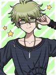  1boy amami_rantaro antenna_hair bespectacled black-framed_eyewear collarbone danganronpa_(series) danganronpa_v3:_killing_harmony ear_piercing earrings glasses green_background jewelry male_focus messy_hair necklace piercing semi-rimless_eyewear shirt smile star_(symbol) striped_clothes striped_shirt suiren_yurei upper_body white_background 