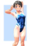  1girl abs absurdres armpits arms_behind_head black_hair blue_eyes blue_swimsuit clothes_writing collarbone competition_swimsuit highleg highleg_swimsuit highres looking_at_viewer muscular muscular_female one-piece_swimsuit original short_hair simple_background solo swimsuit takafumi tan tanlines white_background 