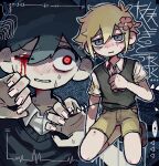  2boys antenna_hair aqua_eyes arm_at_side basil_(faraway)_(omori) basil_(omori) black_sweater_vest blonde_hair blood blood_from_eyes brown_footwear clenched_teeth collarbone collared_shirt fingernails flower full_body green_sweater_vest hair_between_eyes hair_flower hair_ornament hand_on_own_chest highres kneeling multiple_boys official_alternate_eye_color omori one_eye_closed parted_lips red_eyes red_flower shirt short_hair short_sleeves shorts socks spoilers sunny_(omori) sweat sweater_vest teeth uminosoko44 white_shirt 