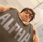  1boy artist_name bara beowulf_(skullgirls) chest_hair closed_mouth facial_hair grey_tank_top indoors large_pectorals looking_at_viewer male_focus muscular muscular_male nipples pectorals short_hair skullgirls smile solo tank_top zink_(zink_mchn) 