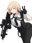  1girl absurdres assault_rifle black_gloves black_necktie black_pants blonde_hair breasts bullpup chest_harness earbuds earphones eotech foregrip gloves gun gun_sling hair_ornament hair_over_shoulder hairclip harness highres holding holding_gun holding_weapon k0ng large_breasts long_sleeves magazine_(weapon) medium_hair necktie original pants radio reflex_sight rifle shirt sidelocks simple_background smile solo swept_bangs vhs-d2 w weapon white_shirt 