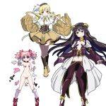  3girls akemi_homura black_hair blonde_hair breasts corset cosplay drill_hair forward_facing_horns full_body gloves hair_ribbon hat heart_pasties horns kaname_madoka leggings light_blush long_hair magia_baiser magia_baiser_(cosplay) magia_magenta magia_magenta_(cosplay) magia_sulfur magia_sulfur_(cosplay) mahou_shoujo_madoka_magica mahou_shoujo_ni_akogarete medium_breasts midriff multiple_girls navel pasties pink_eyes pink_hair ribbon scissors shoes simple_background skirt small_breasts smile socks star_pasties tomoe_mami twintails usavivi777 v white_background white_socks yellow_eyes 