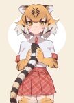  1girl :3 animal_ears animal_print black_hair collared_shirt commentary_request cowboy_shot elbow_gloves eyebrows_visible_through_hair garter_straps gloves highres holding_tail kemono_friends looking_at_viewer multicolored_hair necktie notora orange_hair plaid plaid_neckwear plaid_skirt plaid_trim pleated_skirt print_gloves print_legwear red_neckwear red_skirt shirt short_hair short_sleeves skirt smile solo t-shirt tail thighhighs tiger_(kemono_friends) tiger_ears tiger_girl tiger_print tiger_tail white_hair yellow_eyes zettai_ryouiki 