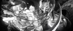  absurdres android battle boots cable character_request check_character chinese_commentary clenched_hand dragon_ball dragon_ball_z duel fingernails giant glowing greyscale hand_on_own_face highres holding holding_mask joints kidlu_jiu knee_up looking_at_another mask mechanical_parts meta-cooler monochrome monster_boy muscular muscular_male one-eyed outstretched_arm pants restrained robot_joints shards sharp_fingernails short_hair size_difference son_goku spiked_hair super_saiyan topless_male 