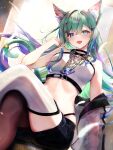  1girl :d absurdres animal_ear_fluff animal_ears bare_arms black_shorts blue_eyes breasts brown_pantyhose cat_ears cat_girl cat_tail crop_top crossed_legs fang floating_hair from_below globie green_eyes green_hair heterochromia highres long_hair looking_at_viewer medium_breasts midriff open_mouth pantyhose reina_ronronea short_shorts shorts single_leg_pantyhose single_thighhigh skin_fang smile solo tail thighhighs very_long_hair virtual_youtuber white_thighhighs yuki_haru 