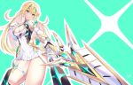  1girl aegis_sword_(xenoblade) bangs bare_legs bare_shoulders blonde_hair breasts chest_jewel cleavage cleavage_cutout clothing_cutout daive dress earrings elbow_gloves gloves highres jewelry large_breasts long_hair mythra_(xenoblade) short_dress solo swept_bangs thigh_strap tiara very_long_hair white_dress white_gloves xenoblade_chronicles_(series) xenoblade_chronicles_2 yellow_eyes 