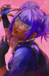  1girl apex_legends blue_gloves blue_jacket breasts dark-skinned_female dark_skin double_bun english_commentary fingerless_gloves glasses gloves hair_behind_ear hair_bun head_tilt highres jacket lifeline_(apex_legends) medium_breasts noush official_alternate_costume pink_background purple_eyes purple_hair runaway_hit_lifeline smile solo sparkle v 