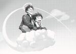  2boys :d aged_down black_hair child commentary dougi dragon_ball english_commentary flying_nimbus glasses greyscale halftone halo highres jacket long_sleeves male_focus monochrome multiple_boys on_cloud open_clothes open_jacket open_mouth pants riding round_eyewear short_hair sitting sky smile son_goku spiked_hair spykeee teeth tongue toriyama_akira_(character) v-shaped_eyebrows wristband 