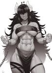  1girl abs absurdres ahoge bare_shoulders biceps big_hair breasts chest_sarashi collar commentary contrapposto cowboy_shot cuffs demon_girl demon_horns english_commentary flipped_hair greyscale grin hair_between_eyes highres horns large_breasts loincloth long_hair looking_at_viewer monochrome muscular muscular_female navel open_hands original sarashi shackles sidelocks signature simple_background smile solo speedl00ver spiked_collar spikes standing stomach thigh_strap underboob v-shaped_eyebrows very_long_hair 