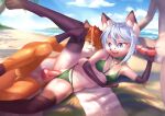  1girl 2boys :3 absurdres ahoge ancesra animal_ear_fluff animal_ears animal_nose arm_support arm_up artist_name bangs bare_shoulders barefoot beach beach_towel bikini bikini_aside black_fur blue_eyes blue_hair blue_sky blurry blurry_background blush body_fur breasts celierra_(lurkingfox) claws clitoral_hood clothed_female_nude_male cloud collar collarbone commentary commission completely_nude dappled_sunlight day english_commentary erection facial_mark fox_boy fox_ears fox_girl fox_tail furry green_bikini grey_fur group_sex half-closed_eye hand_up handjob happy head_out_of_frame hetero highres horizon huge_filesize knotted_penis leg_lift leg_up light_blush light_rays looking_down lying mmf_threesome multiple_boys navel nude o-ring o-ring_bikini ocean on_side one_eye_closed one_knee open_mouth orange_fur orange_hair original outdoors palm_tree parted_lips patreon_username paws penis pussy sand sex shiny shiny_hair short_hair sidelocks sky small_breasts smile snout solo_focus spread_legs stomach sunlight swimsuit tail teeth testicles threesome tongue towel tree two-tone_fur uncensored vaginal water watermark web_address white_fur wince 