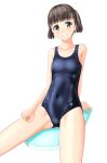  1girl absurdres black_hair blue_swimsuit breasts collarbone cowboy_shot green_eyes grin highres kickboard looking_at_viewer navel new_school_swimsuit original school_swimsuit short_hair simple_background small_breasts smile solo swimsuit takafumi twintails white_background 