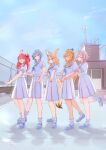  5girls absurdres ahoge animal_ears arms_around_waist blonde_hair blue_eyes blue_hair chamomile_(kazumasa) closed_eyes elf fox_ears fox_girl fox_tail green_eyes highres holohoneygaoka_high_school_uniform holohoneygaoka_koukou hololive hoshimachi_suisei long_hair looking_at_viewer medium_hair multiple_girls omaru_polka pink_hair pleated_skirt pointy_ears ponytail rooftop sailor_collar sakura_miko school_uniform serafuku shiranui_flare shirogane_noel short_hair side_ponytail skirt tail v very_long_hair virtual_youtuber white_hair 