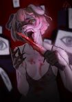 absurd_res anthro blonde_hair blood blumenseele bodily_fluids breasts canid canine canis clothed clothing dim_lighting domestic_dog electronics fangs female hair hi_res knife licking_knife mammal markings marta_moran open_mouth solo teeth television white_body