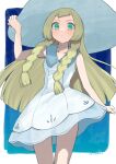  1girl artist_name bare_arms blonde_hair braid closed_mouth collared_dress commentary_request couzone dress eyelashes green_eyes hand_on_headwear hat highres lillie_(pokemon) long_hair looking_at_viewer pokemon pokemon_sm see-through signature sleeveless sleeveless_dress solo sun_hat twin_braids white_dress 