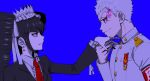  1boy 1girl armband badge bangs black_hair black_jacket black_nails blue_background celestia_ludenberg danganronpa:_trigger_happy_havoc danganronpa_(series) earrings flaming_eye from_side gothic_lolita grey_jacket hand_up ishida_(danganronpa) ishimaru_kiyotaka jacket jewelry lolita_fashion long_hair long_sleeves looking_at_another mokuzou_(mokumokuzo) necktie pale_skin print_neckwear red_eyes red_neckwear ribbon short_hair simple_background smile white_hair 