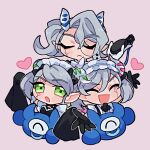  3girls arianna_the_labrynth_servant arianne_the_labrynth_servant arias_the_labrynth_butler black_gloves butler chibi closed_eyes closed_mouth demon_girl demon_horns duel_monster female_butler gloves green_eyes grey_hair hair_tie heart horns karaage_bentou_(28grtm) maid maid_headdress monocle multiple_girls open_mouth pink_background pocket_watch pointy_ears ponytail short_hair simple_background sleeveless twintails very_long_sleeves watch white_gloves wide_sleeves yu-gi-oh! 