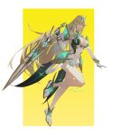  1girl absurdres artist_name bare_shoulders blonde_hair breasts chain_yu cleavage_cutout clothing_cutout dated detached_sleeves floating_hair full_body gloves highres holding holding_sword holding_weapon huge_weapon large_breasts long_hair mythra_(xenoblade) no_panties shoes side_cutout sidelocks solo super_smash_bros. sword two-tone_background weapon white_background xenoblade_chronicles_(series) xenoblade_chronicles_2 yellow_background 