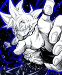  1boy aura commentary_request dragon_ball dragon_ball_super fighting_stance green_eyes greyscale highres monochrome muscular muscular_male nipples pants sekitsuki_hayato solo son_goku spiked_hair spot_color topless torn_clothes ultra_instinct upper_body white_hair 