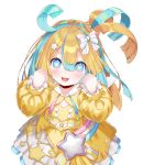  1girl :d absurdres amakawa_hano aqua_hair bettle_(b_s_a_n) blonde_hair blue_eyes bow clenched_hands dress hair_between_eyes hair_bow hair_ornament hands_up heart heart-shaped_pupils highres long_hair looking_at_viewer multicolored_hair rainbow_hair_ornament re:act shooting_star_(symbol) smile solo standing star_(symbol) star_hair_ornament symbol-shaped_pupils transparent_background two-tone_hair virtual_youtuber white_bow yellow_dress 