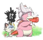  !? ^^^ ^_^ closed_eyes commentary_request eating fang food grass holding meat meowth pokemon pokemon_(creature) shaded_face shigeru_(tezx2228) slowking standing sweat trembling 