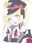  :d black_headwear black_jacket blonde_hair blue_archive blush bow breasts halo hat hat_bow highres ibuki_(blue_archive) jacket looking_at_viewer medium_breasts naoton neck_ribbon open_clothes open_jacket portrait red_ribbon ribbon shirt smile twintails white_shirt yellow_eyes 