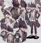  2boys :d aoki_(fumomo) bangs brown_hair checkered checkered_neckwear checkered_scarf chibi clenched_hand collarbone commentary_request danganronpa_(series) danganronpa_v3:_killing_harmony expressions facial_hair frown full_body goatee grey_background hair_between_eyes hand_on_hip hand_up hands_on_hips jacket long_hair long_sleeves looking_at_viewer male_focus momota_kaito multiple_boys open_mouth ouma_kokichi pants print_shirt scarf school_uniform shaded_face shirt short_hair simple_background smile solo_focus spiked_hair standing sweat translation_request trembling upper_body white_shirt 