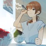  1girl bowl brown_hair clenched_hand happy_birthday headache highres holding holding_spoon ice nakatani_nio one_eye_closed ponytail saeki_sayaka shaved_ice sitting solo spoon wavy_mouth yagate_kimi_ni_naru 