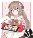  1girl absurdres animal_ears apron baking baking_sheet beret blush_stickers bow bowtie brown_bow brown_bowtie brown_hair brown_headwear closed_mouth dress estelle_(vtuber) flying_sweatdrops food frilled_dress frills hat highres indie_virtual_youtuber long_hair oven_mitts pink_dress pink_eyes pom_pom_(clothes) second-party_source sheep_ears sheep_girl solo stuffed_animal stuffed_sheep stuffed_toy sukoyaka_(100hituzi) virtual_youtuber white_apron 