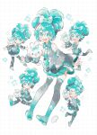  1girl :d :o ;d aqua_bow aqua_hair aqua_necktie black_thighhighs blue_nails blush bow bug butterfly chibi cinnamiku cinnamoroll detached_sleeves grey_shirt hair_between_eyes hair_bow hatsune_miku headset highres multiple_views necktie one_eye_closed sanrio shirt smile standing thighhighs two-tone_boots uekura_eku vocaloid white_background white_butterfly 