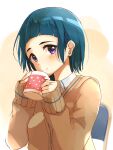  1girl blue_hair blunt_bangs blush breasts brown_cardigan cardigan closed_mouth cup dot_nose hands_up holding holding_cup idolmaster idolmaster_cinderella_girls idolmaster_cinderella_girls_starlight_stage long_sleeves looking_at_viewer mug nira_(vira) okazaki_yasuha on_chair purple_eyes shirt short_hair simple_background sitting sleeves_past_wrists small_breasts smile solo upper_body white_shirt yellow_background 