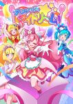  4girls arm_up arms_up back_bow balloon blonde_hair blue_dress blue_pantyhose blunt_bangs bob_cut bow box brooch bun_cover china_dress chinese_clothes commentary_request cone_hair_bun cover cover_page cure_finale cure_precious cure_spicy cure_yum-yum delicious_party_precure double_bun doujin_cover dress earrings elbow_gloves frilled_hairband frills fuwa_kokone gift gift_box gloves hair_bow hair_bun hairband hanamichi_ran hand_to_own_mouth heart heart_brooch highres huge_bow jewelry kasai_amane leg_up light_particles long_hair looking_at_viewer magical_girl medium_dress multiple_girls nagomi_yui one_eye_closed open_mouth orange_bow orange_dress own_hands_together pantyhose pink_dress pink_footwear pink_hair precure purple_headwear red_bow red_eyes red_hairband short_hair short_sleeves side_ponytail sleeveless sleeveless_dress smile standing standing_on_one_leg star_(symbol) streamers tiara tirofinire translated triple_bun two_side_up v_over_eye very_long_hair white_bow white_dress white_gloves 