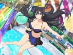  1girl bikini bikini_skirt black_bikini black_hair blue_bikini blue_eyes bow breasts chair chest_bow cleavage closed_mouth elephant_statue floating floating_object from_above hair_bow halo hedge indoors large_breasts long_hair midair navel non-web_source plaid plaid_bikini platform pool ryouki_(senran_kagura) senran_kagura senran_kagura_new_link smile solo swimsuit table two-tone_bikini umbrella water water_drop water_slide waterpark yellow_halo 