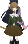  1boy 1girl arm_at_side back-to-back bangs black_legwear black_skirt brown_hair commentary_request danganronpa:_trigger_happy_havoc danganronpa_(series) feet_out_of_frame fujisaki_chihiro green_jacket green_ribbon grey_background hand_up highres holding holding_knife holding_wrench jacket kneehighs knife long_hair long_sleeves looking_at_viewer maizono_sayaka miniskirt mokuzou_(mokumokuzo) neck_ribbon otoko_no_ko pantyhose pink_shirt ribbon shirt short_hair simple_background skirt standing teeth weapon white_background wrench 