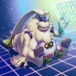 angoramon anthro bandai_namco digimoji digimon digimon_(species) digimon_ghost_game digitamamon duo fluffy fur glowing glowing_eyes hair hair_over_eyes hi_res isei0212 lagomorph leporid long_ears male mammal ponytail_ears rabbit sitting yellow_body yellow_eyes yellow_fur