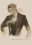  1boy ace_attorney ascot barok_van_zieks black_jacket blazer character_name closed_mouth cropped_torso hand_up highres jacket jewelry looking_at_viewer male_focus monochrome raycrodu_h ring sepia short_hair simple_background solo the_great_ace_attorney upper_body white_ascot yellow_background 